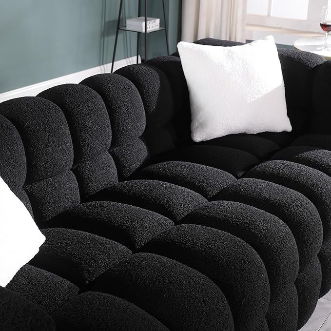 Comfy Marshmallow Loveseat Sofa3 Seater Boucle Cloud Couch with 2 Pillows Upholstered Love Seat with Throw Pillows Modern Living Sofa or Office Waiting Room (Black)