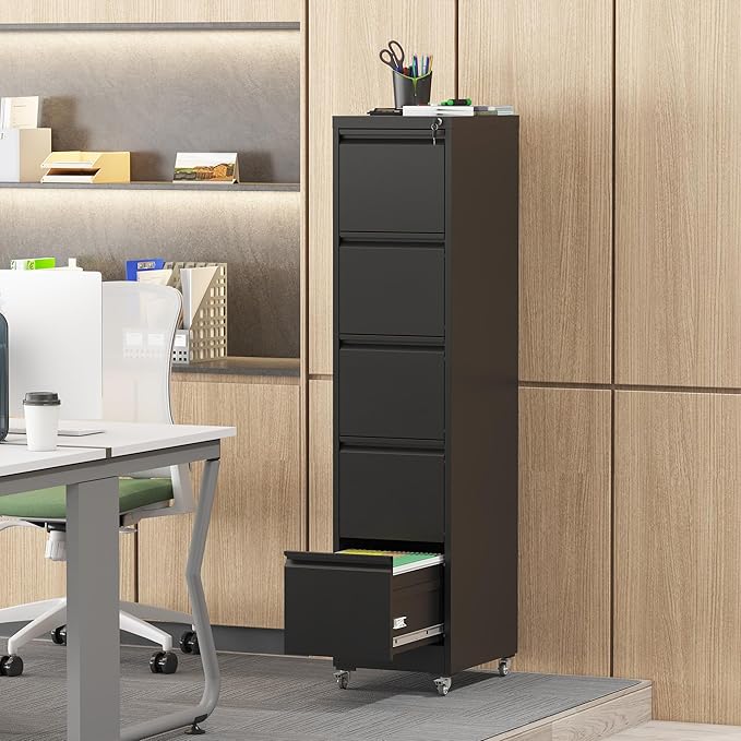 5-Drawer Mobile File Cabinet - Black Vertical Metal Filing Cabinet with Lock Wheels for Home Office Adjustable Legal/Letter Size Storage 64.17 H