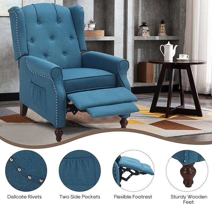 Wingback Recliner Chair with Massage and Heat Tufted Fabric Push Back Recliner Chair for Living Room Vintage Wingback Chair with Remote Control Padded Cushion Backrest Wooden Legs