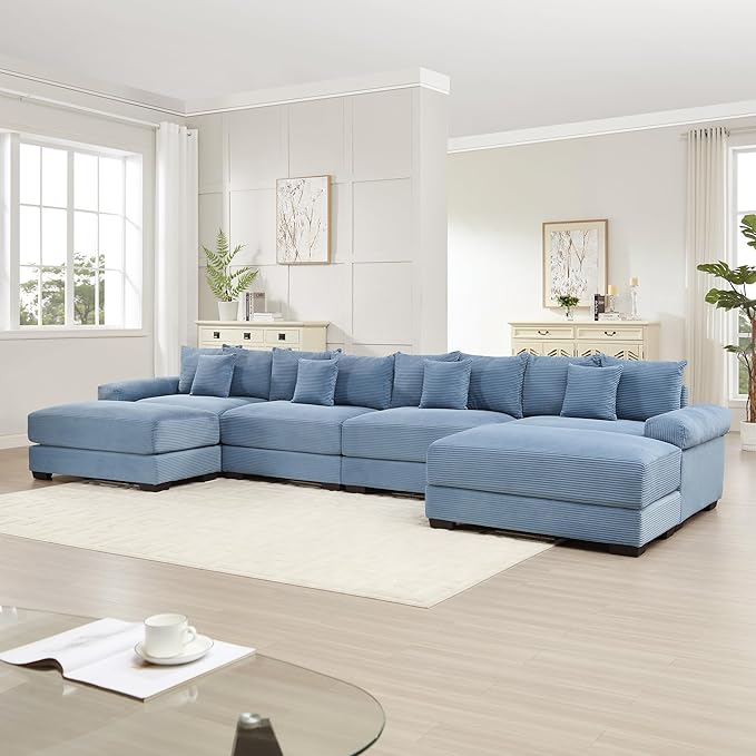 Cloud Couch Modular Sectional Sofa 167.6 Oversized 4 Seater U Shaped Couch Deep Seat Sectional Couches for Living Room Comfy Corduroy Upholstery Sofa Extra-Wide Armrests with OttomanBlue