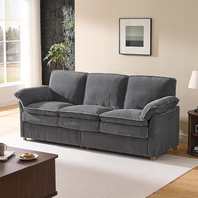 ONBRILL 86.6 Corduroy Couches for Living Room Comfy 3 Seater Sofa with Pillow-Top Armrest &amp Dual-Layer Cushions Mid Century Modern Couch for Bedroom Apartment Grey