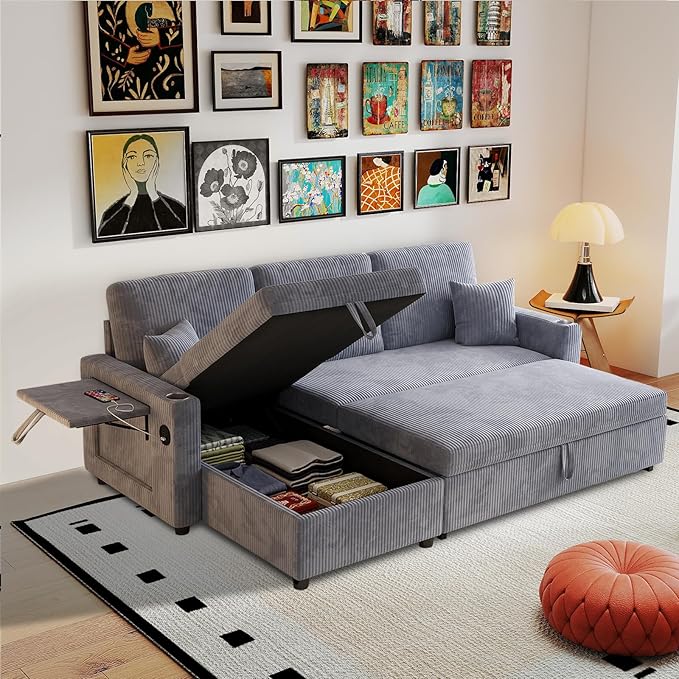 Rovibek 83 Convertible Sofa Bed Couch with Storage &amp USB Port – 4 in 1 L Shaped Sofa with Pull Out Couch Bed Side Table Cup Holder for Living Room Apartment Office Small Spaces Grey