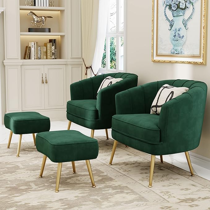 Andeworld Velvet Accent Chair with Ottoman Upholstered Modern Single Sofa Side ChairComfy Barrel Club Living Room Armchair with Golden Metal Legs for Bedroom Living Reading Room Office Green