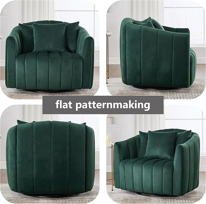 40 Inch Barrel Swivel Chairs with 3 PillowsGreen Velvet Swivel Chairs for Living RoomModern Accent ChairLarge Armchair 350lbs