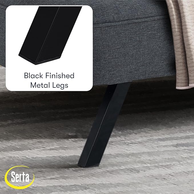 Serta Fairwood 66.1 Convertible Futon Sofa Short Twin Size Modern Boho Dream Coil Comfort Fingerguard Pinch Point Protection Soft Woven Polyester Fabric Charcoal