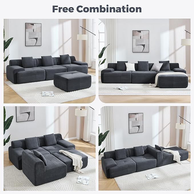 L-Shaped Boneless Modular Sectional Sofa 122 Modern Corduroy Upholstery Couches for Living Room Oversized 3-Seater Cloud Couch with Deep Seat and Movable Ottoman No Assembly Dark Grey