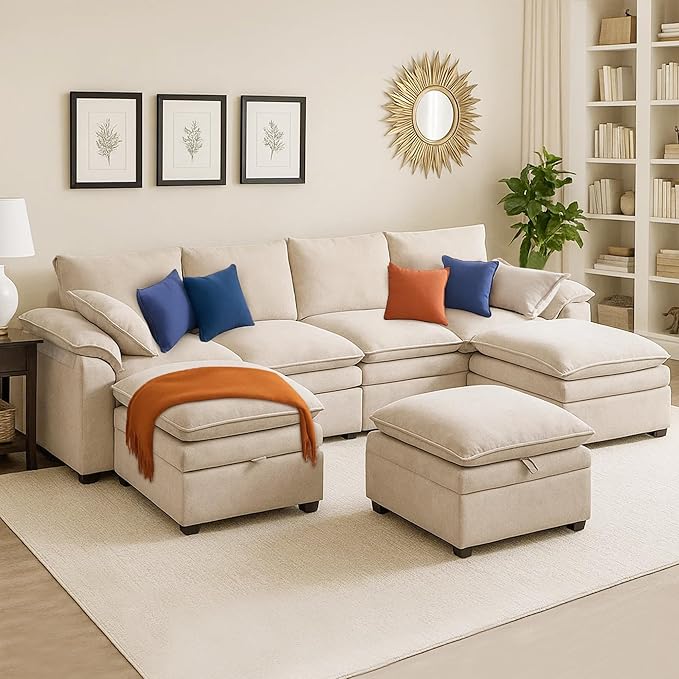 130 U Shaped Modular Sectional Sofa Couch with Ottoman Storage Chenille Cloud Couch with Plush Deep Seating for Living Room Bedroom (Beige 7 Seat)