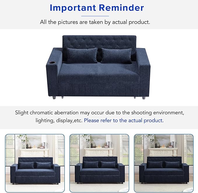 61.4 Pull-Out Sofa Bed Convertible Sleeper Sofa Bed with Adjustable Backrest Cup Holders Storage Rack Handy Side Pockets Two Lumbar Pillows Modern Loveseat Sofa for Living Room