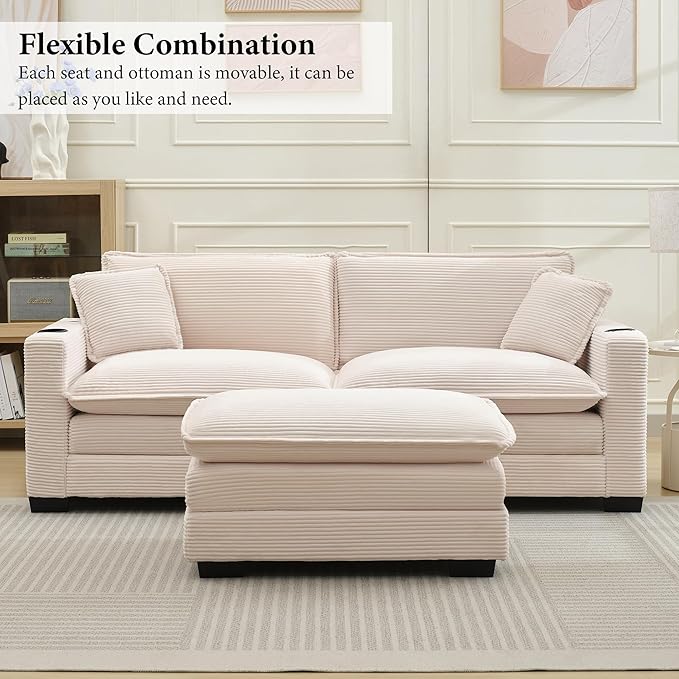 82.7 L Shaped Sectional Sofa with Cup Holders &amp USB Ports Modern Loveseat Cloud Couch with Ottoman for Living Room Apartment Small Spaces Beige Corduroy