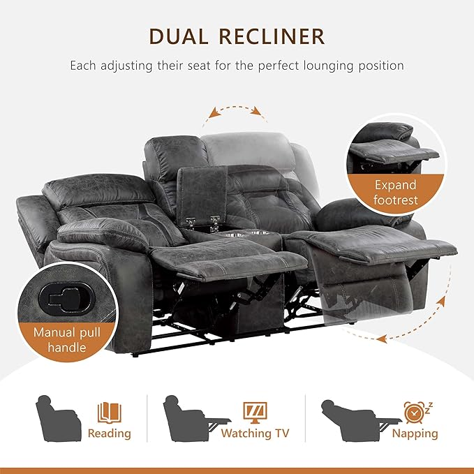 Homelegance Reclining Loveseat Polished Microfiber Manual Double Recliner Loveseat with Center Console Gray
