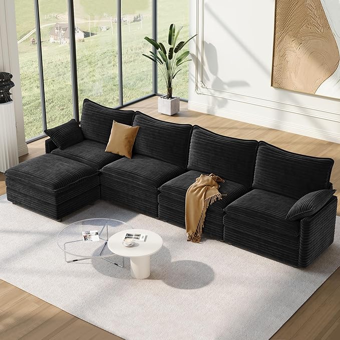 Vesgantti 142 Cloud Couch Sectional Modular Sofa Comfy Sectional Couch with Ottoman Deep Seat Corduroy L Shaped Sofa Modular Couches for Living Room Bedroom and Apartment Black