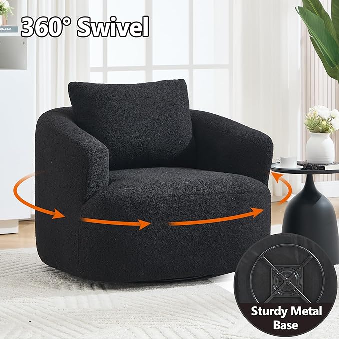 Swivel Accent Chair Boneless Sofa Chair with 360 Rotation Premium Teddy Velvet Foam Lounge Chair for Bedroom Living Room Comfy Reading Armchair Black