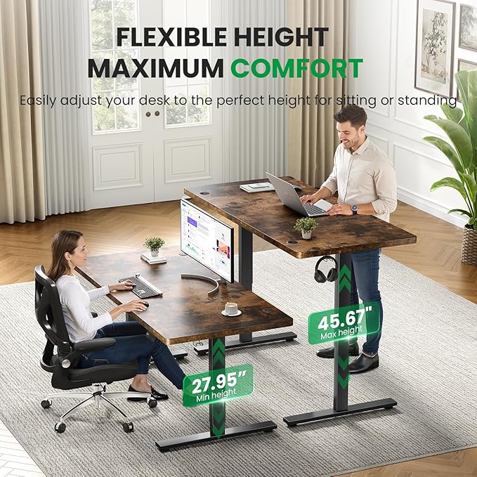 SIAGO Electric Standing Desk Adjustable - 60x28 Inch Sit Stand Desk with 1 Inch Thick Tabletop Double Beam Frame 3 Memory Height Adjustment Cable Management for Home Office