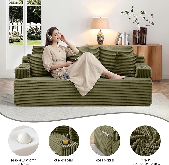 86.2'' Boneless Sofa Couch with Cup Holders &amp Side Pockets Modern Corduroy Fabric Upholstered 3-seat Couch with 2 Throw Pillows for Living Room Office No Assembly (Green)