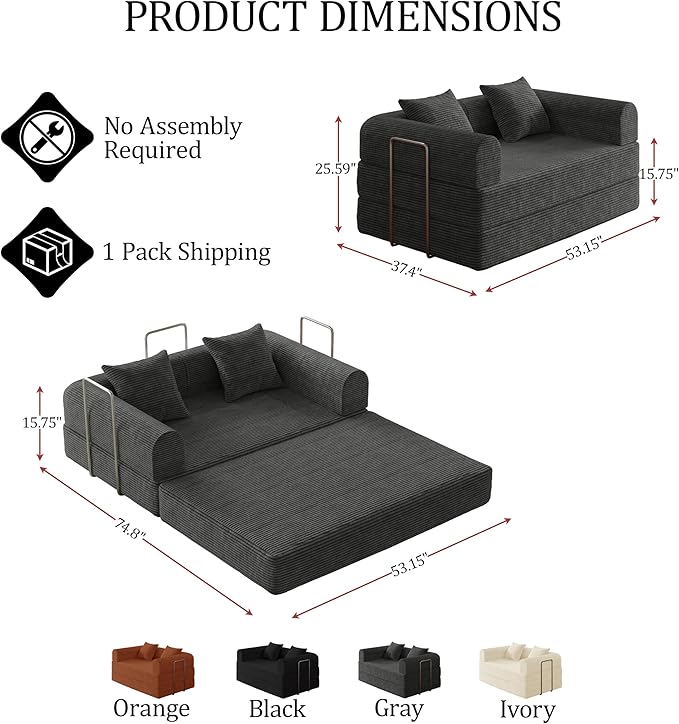 HouseMila 53.15 Convertible Sofa Bed4-in-1 Futon Sofa Bed Modular Loveseat Sleeper Folding Pull Out Couch with Pillows No Assembly Required Boneless Couch for Living Room Bedroom Guest RoomGrey