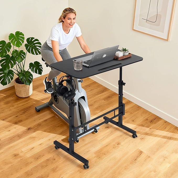 Standing Desk Adjustable Height Rolling Walking Pad Desk Small Mobile Table with Wheels Portable Stand Up Table for Standing or Sitting Size 31.5x15.7 Inch Black