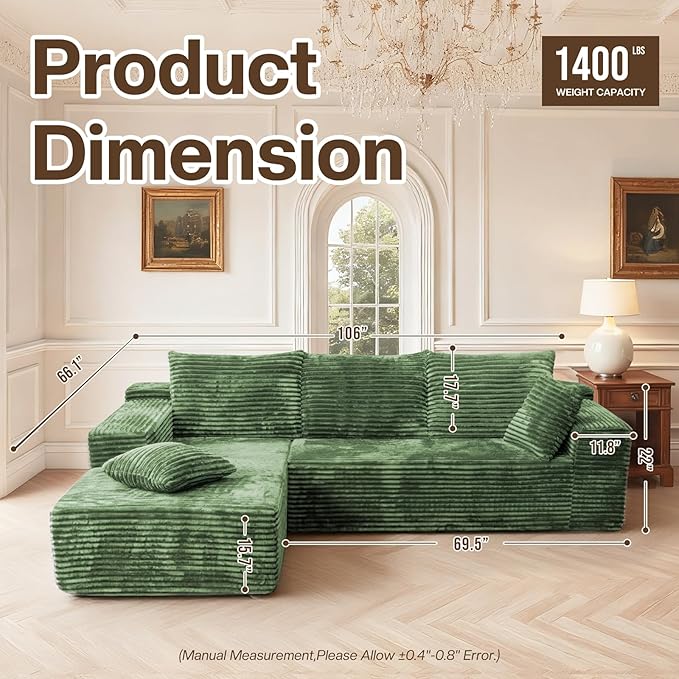 Modular Sectional Sofa Boneless Cloud Couch with Chaise Lounge 4-in-1 Flexible Combination Faux Rabbit Fur &amp Layered Cushion Deep Seat No Assembly (Green Left Facing Chaise)