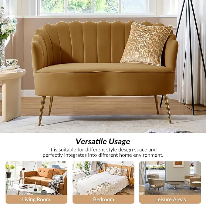 Velvet Upholstered Loveseat Sofa with Gold Metal Legs Modern Comfy Small Love Seat with Flower Shaped Back 2-Seater Sofa Accent Couch for Living Bedroom Leisure Areas Golden