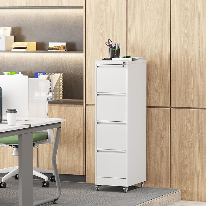 4 Drawer Small File Cabinet with LockUnder Desk Locking Drawers Storage Cabinet Organizer for HomeOffice Filing Cabinets17.71 D*15.16 W*52.28 HWhite
