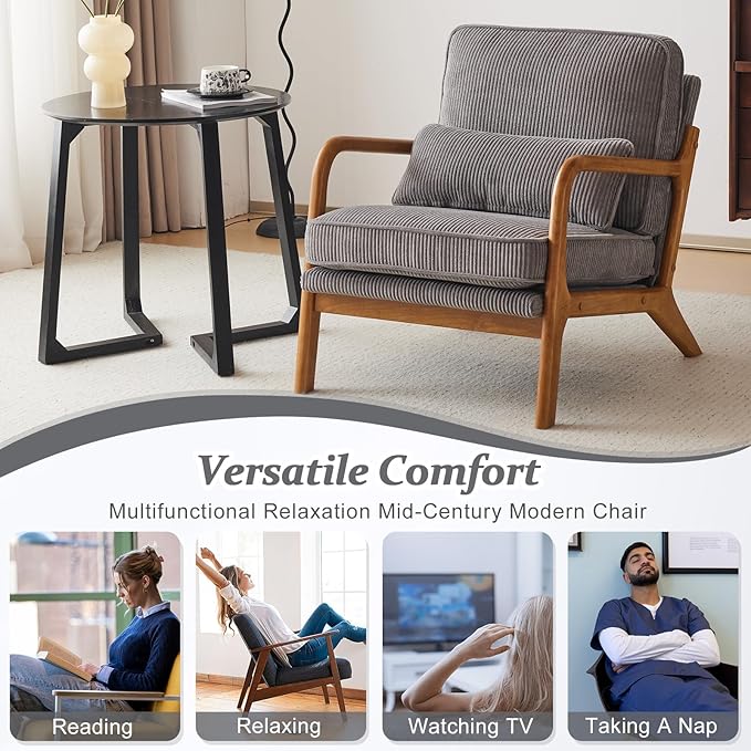VINGLI Upgraded Premium Corduroy Accent Chairs Set of 2Upholstered Arm ChairSolid Wood Comfy Reading Chair with Lumbar Pillow Mid Century Modern Chairs for Living RoomBedroomLight Grey