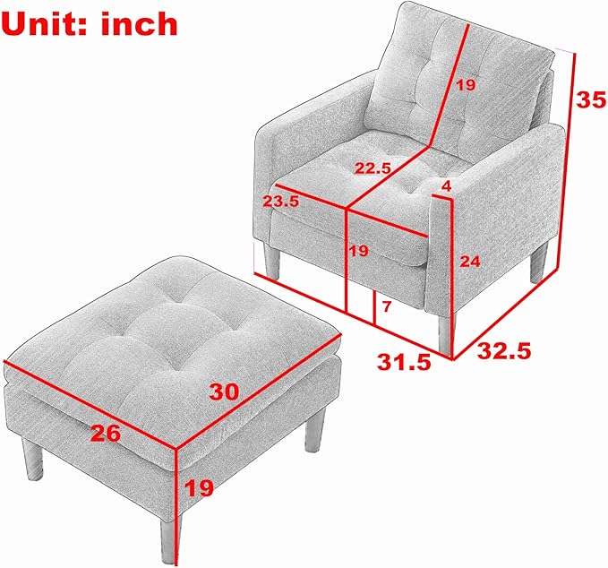 Modern Fabric Single Sofa Chair Living Room Chair Comfortable Armchair withwith Ottoman Foot Rest Tufted Chair for Reading or Lounging