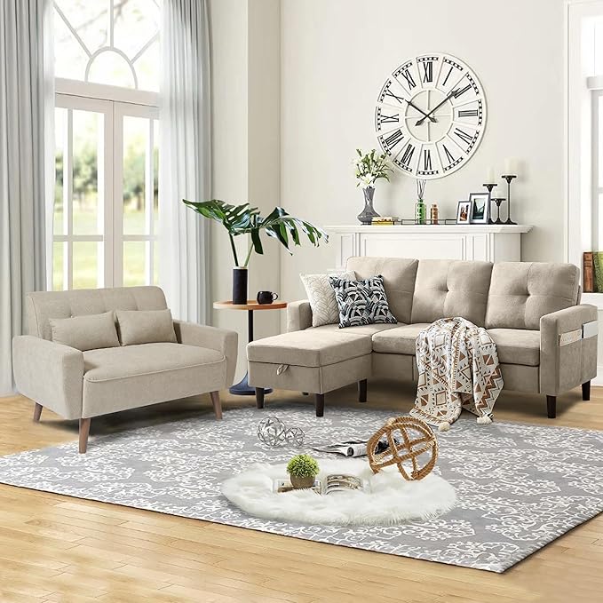 2 Piece Comfy Couch Set 3 Seater &amp 2-Seater Sofa and Loveseat Set with Ottoman Modern Sofa Sets for Living Room/Apartment/Office Beige