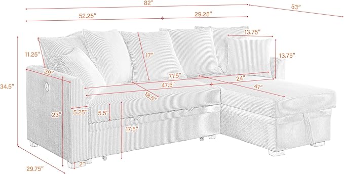 Modern Living Room Corner Convertible Sofabed Corduroy Upholstered Reversible Sleeper Sectional Sofa with 7 Pillow and USB Ports L-Shaped Pull Out Sleep Couch Bed W/Reversible Storage Chaise Daybed