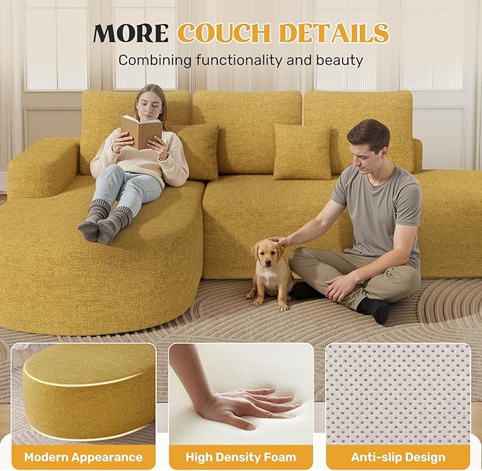 112 Modern Curved Cloud Couch Chenille Boneless Couches for Living Room with Deep Seat Memory Foam Compressed Modular Sectional Sofa No Assembly RequiredYellow 1 PCS