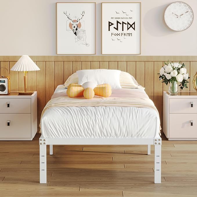 14 Inch Twin Bed Frames No Box Spring Needed Heavy Duty Metal Twin Platform Bed Frame with Large Underbed Storage Space Noise Free Easy Assembly White