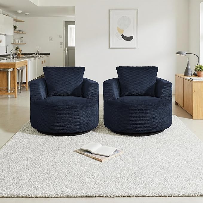 39.4″Wide Round Swivel Accent Barrel Chair Set of 2 Indoor Faux Fur Modern Comfort Upholstered Sponge Sofa Chair for Living Room BedroomOfficeClub (2 Dark Blue)