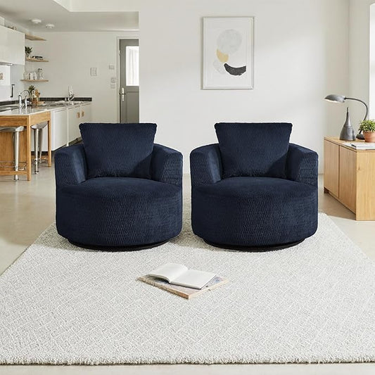 39.4″Wide Round Swivel Accent Barrel Chair Set of 2 Indoor Faux Fur Modern Comfort Upholstered Sponge Sofa Chair for Living Room BedroomOfficeClub (2 Dark Blue)