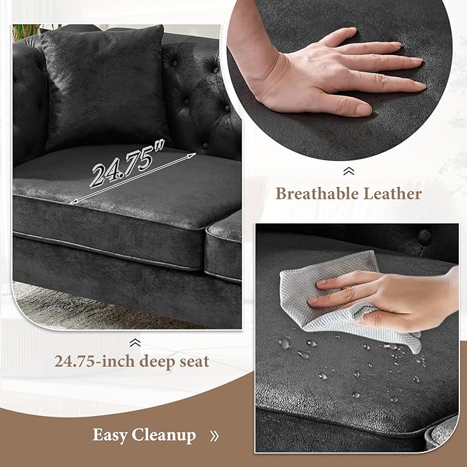 TTK Chesterfield Faux Leather Fabric Sofa Set 2-Seater Loveseat + 3-Seater Couch Combo Upholstered Tufted Rolled Arm Mid Century Modern Sofa Set for Living Room Office Apartment Black