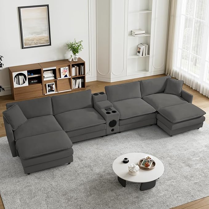 162.6 U Shaped Sectional Cloud Couch Oversized Comfy Grey Sectional Couches for Living Room Modular Couch Large Velvet Cloud Sofa with Console Bluetooth Speaker USB Ports Dark Grey