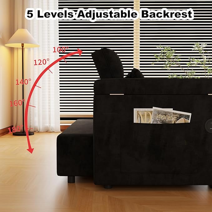 3-in-1 Convertible Sofa Bed with Adjustable Backrest &amp Storage Armrests 65 Pull-Out Sleeper Sofa Bed with USB Port &amp Side Table Modern Velvet Loveseat Couch with 2 Pillows Side PocketBlack