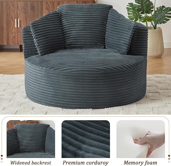 Round Chair Lounge Chaise Indoor 48.8 Oversized Sofa Chair Upholstered Corduroy Deep Seat Sleeper Sofa Bed No Assembly Required for Living Room Bedroom Apartment Dark Gray