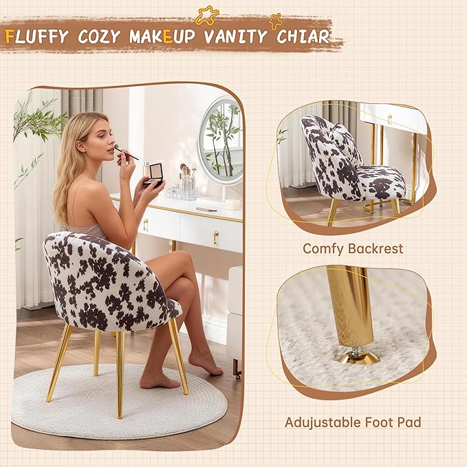 Vanity ChairAccent Makeup Comfy Cute Desk Girls Fluffy Chairs for Bedroom No Wheels Gold Metal Legs Stool (Cow Velvet)