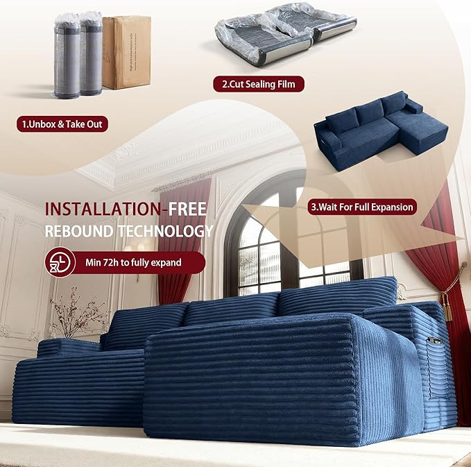 96''Sectional Couches for Living RoomModern Modular Sectional SofaUpholstered Boneless Couch Comfy Cloud Couch with L Shaped Chaise (Blue 96''W Right Facing Chaise)