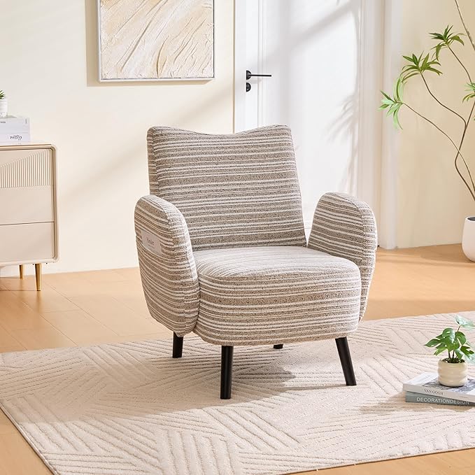Modern Upholstered Armchair with Side Storage Pocket Fabric Reading Chair with Solid Wood Legs Ergonomic Accent Chair for Living Room Bedroom &amp Office (Khaki)