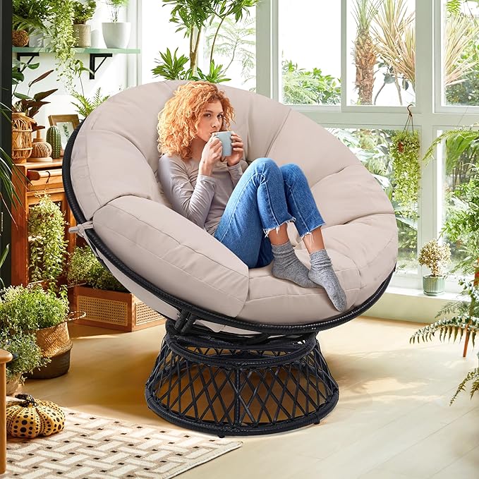 46 Giant Oversized Ergonomic Rattan Papasan Chair with Soft Thick Cushion for Adults Fluid 360° Swivel Waterproof Black Frame with Beige Cushion