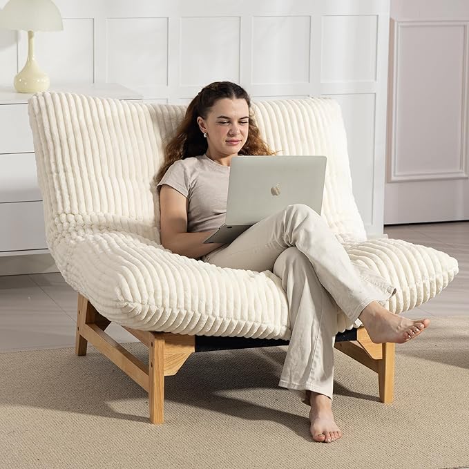 KEIKI Large Bean Bag Chair Adults Kids Comfy Corduroy Small Couch with Wood Frame Big Accent Beanbag Lounge Chairs Indoor Lazy Cozy Floor Sofa Couches for Living Room Reading Easy Assembly Beige