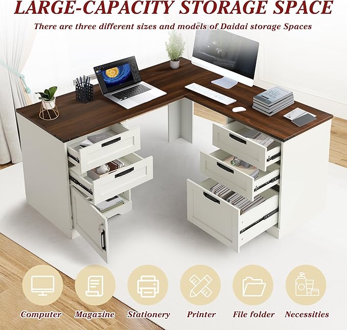 Grepatio 60 L Shaped Executive Desk with Drawers Farmhouse Corner Desk with USB Charging Station 2 Person Home Office Computer Writing Desks with Storage Key Lock Filing Cabinet (Antique White)