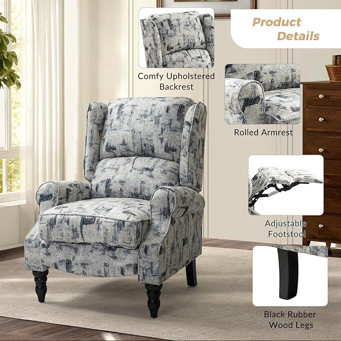HULALA HOME Upholstered Wingback Recliner Chair Small Adjustable Footrest Push Back Single Reclining Sofa Mid Century Modern Lounge Armchair for Living Room Bedroom Reading/Grey