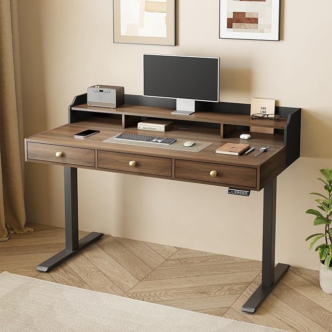Standing Desk with 3 Drawers 47.2 x 26 Inches Height Adjustable Desk with Monitor Shelf Electric Stand Up Table with Storage for Home and Office Black Walnut