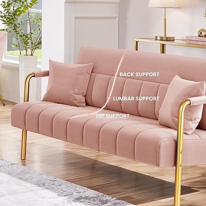 Yaheetech 56.5 W Modern Sofa Small Sofa Luxurious Velvet Fabric Couch with Gold-Tone Metal Arms and Legs for Living Room Home Office Studio Pink