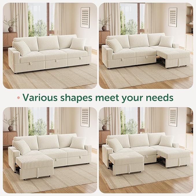 HONBAY 94.5 Inch Sectional Sofa Modular L &amp U Shaped Pull Out Couch with Adjustable Backrest &amp Storage Velvet White