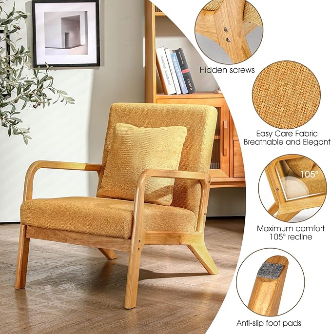 ELUCHANG Mid-Century Modern Accent Chair Upholstered Premium Linen Fabric Armchair with Wooden Frame LegsComfy Living Room Chairs Lounge Chair for Bedroom (Yellow 1 PC)