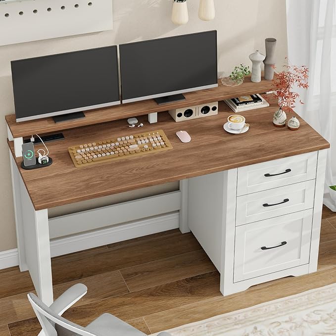 Vabches 47 Farmhouse Executive Desk with Monitor Stand &amp File Cabinet3 Drawers Computer Desk with LED Lights and Power OutletsWorkstation for Home Office StudyWriting.（Unique White）