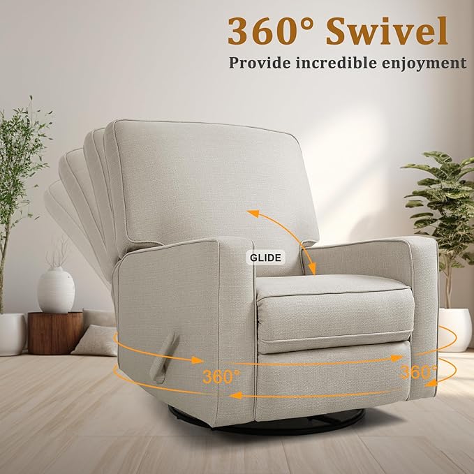 Swivel Rocker Recliner Chair for Adults High Back Fabric Recliner with Deep Seat Manual Glider for Living Room &amp Nursery Beige