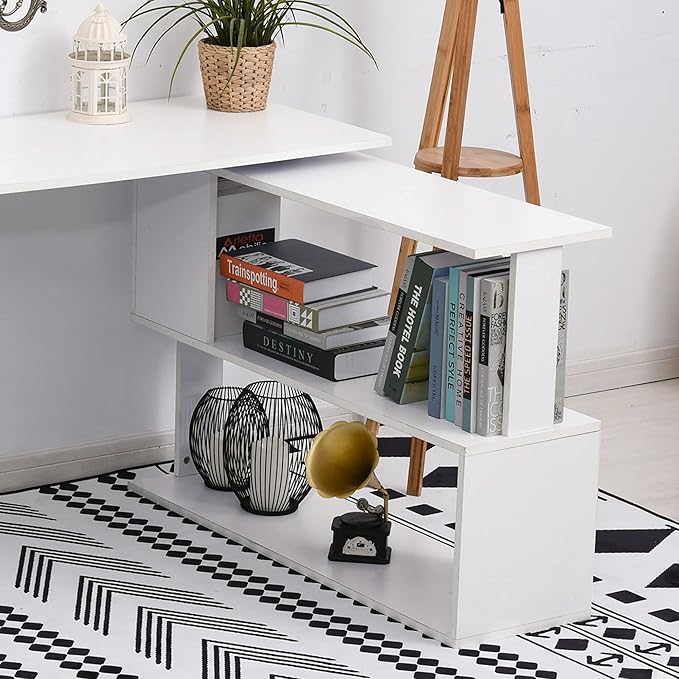 L Shaped Corner Desk 360 Degree Rotating Home Office Desk with Storage Shelves Writing Table Workstation White