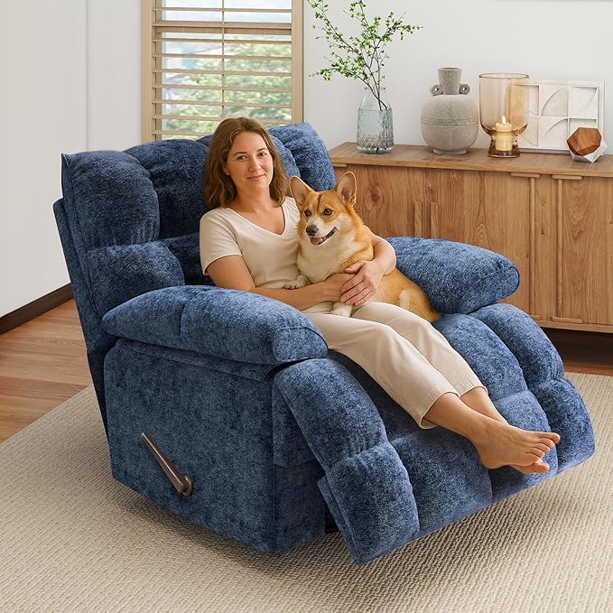 Oversized Rocker Recliner Chair for AdultsOverstuffed 360° Swivel Rocking Recliner Extra Wide Breathable Fabric Manual Reclining Single Sofa for Living Room (Blue)